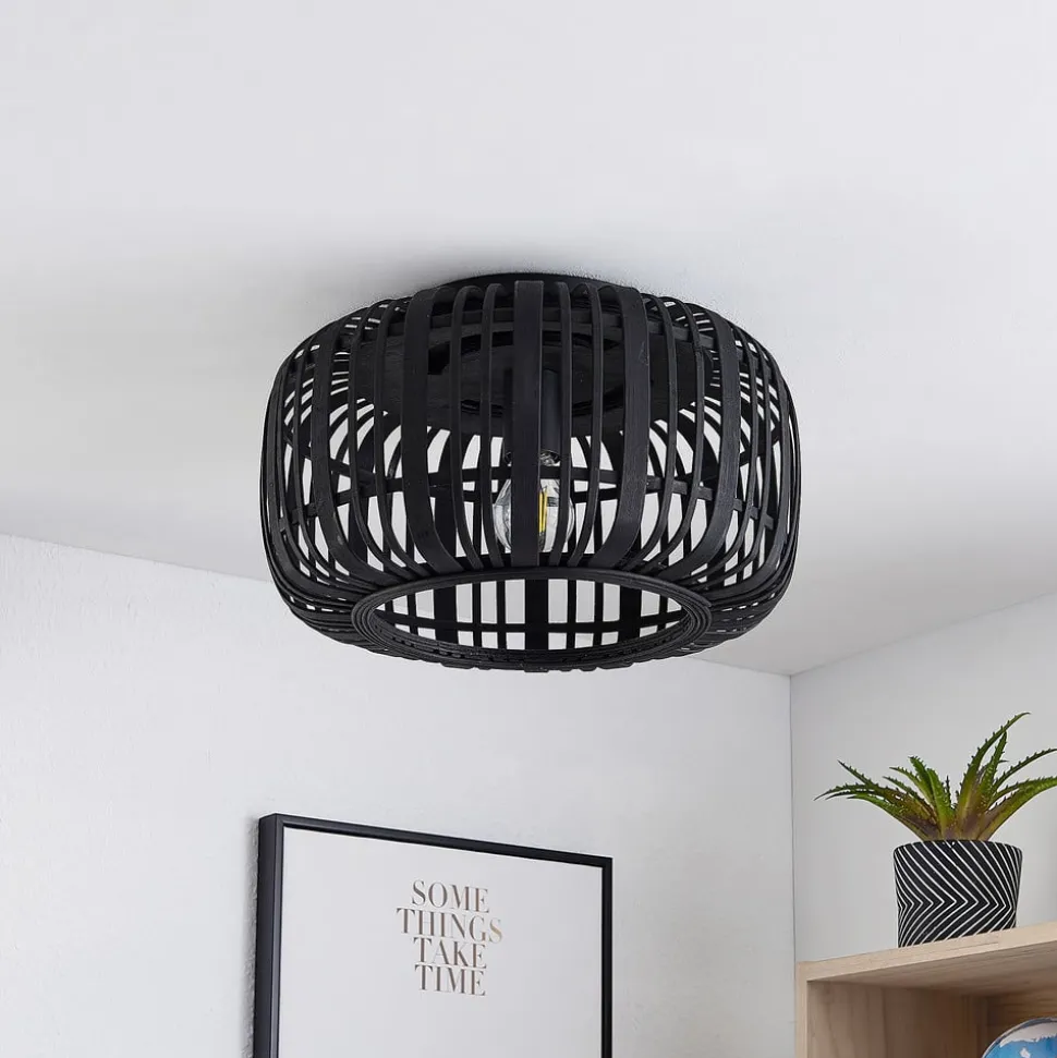 Lindby Canyana plafondlamp, zwart, rotan, Ø 40 cm