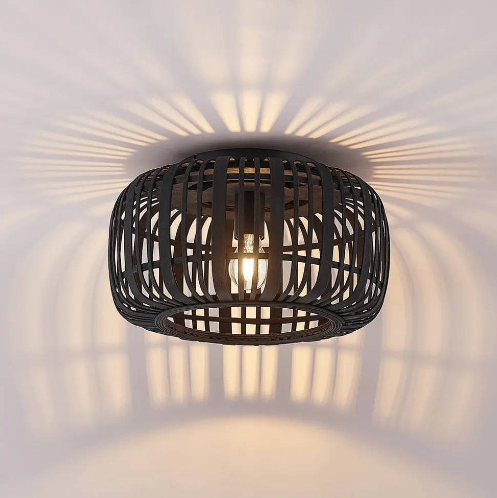 Lindby Canyana plafondlamp, zwart, rotan, Ø 40 cm