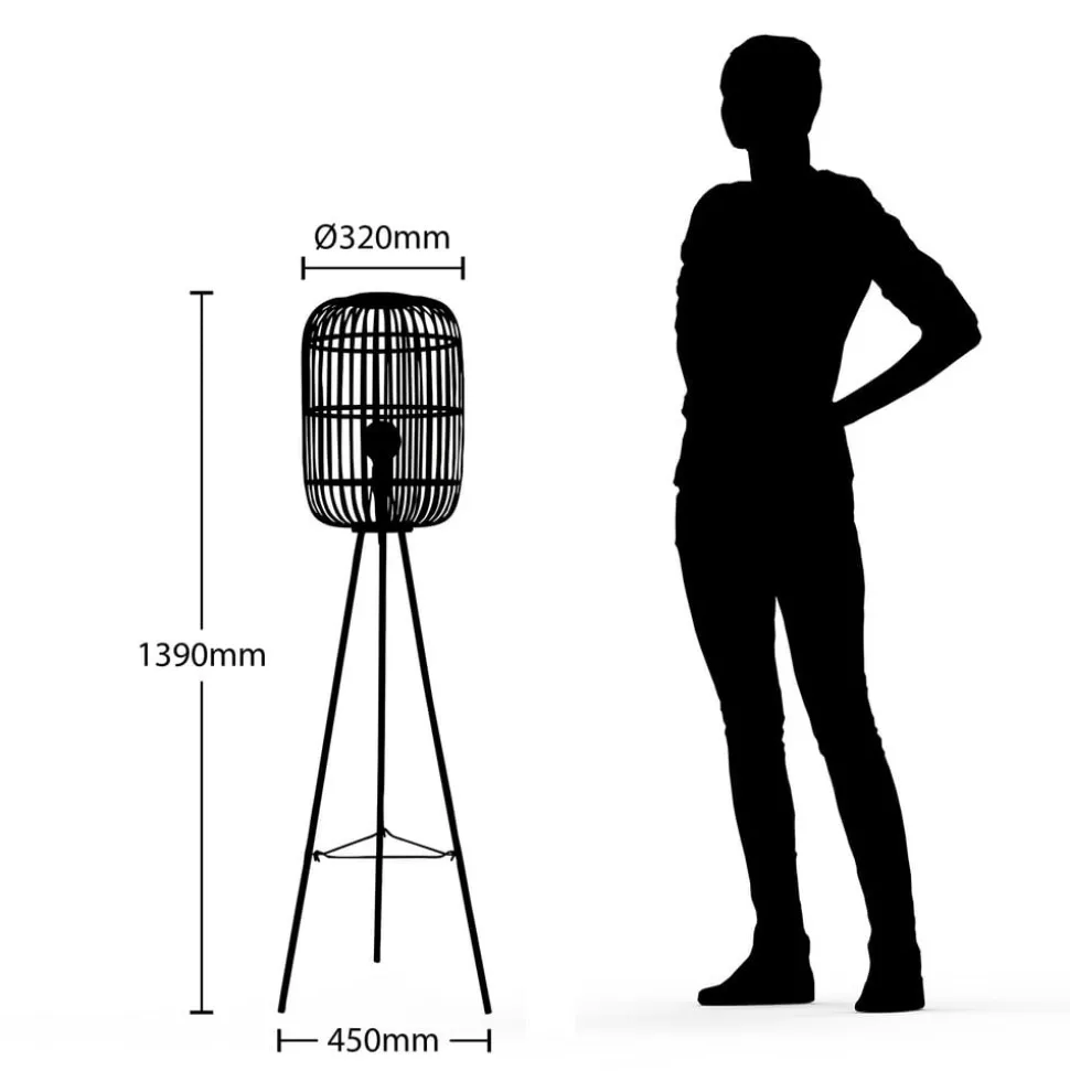 Lindby Canyana vloerlamp, zwart, rotan, 139 cm hoog