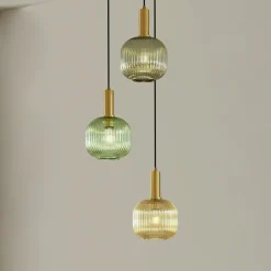 Lindby Doroteo hanglamp, 3-lamps, groen/amber/grijs, glas