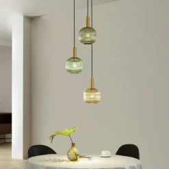 Lindby Doroteo hanglamp, 3-lamps, groen/amber/grijs, glas