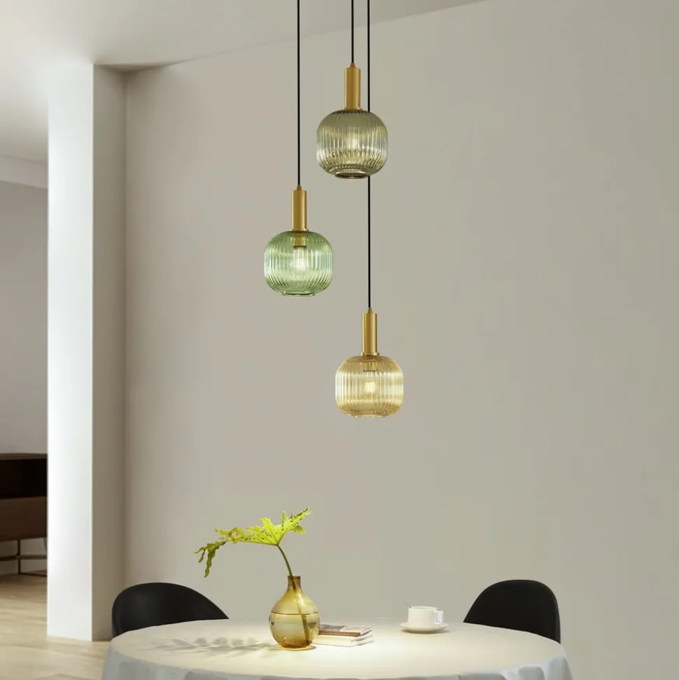 Lindby Doroteo hanglamp, 3-lamps, groen/amber/grijs, glas