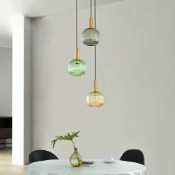 Lindby Doroteo hanglamp, 3-lamps, groen/amber/grijs, glas