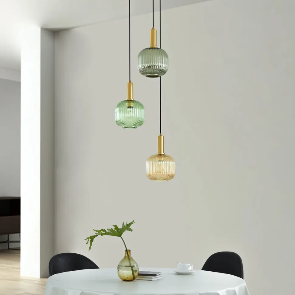 Lindby Doroteo hanglamp, 3-lamps, groen/amber/grijs, glas