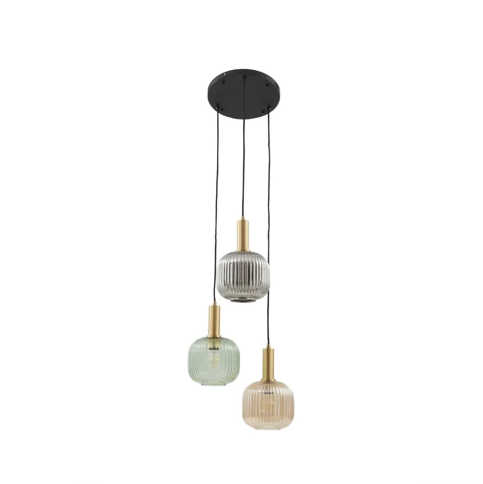Lindby Doroteo hanglamp, 3-lamps, groen/amber/grijs, glas