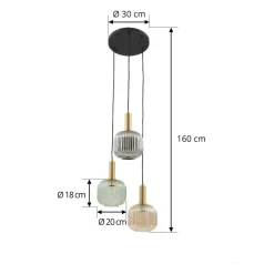 Lindby Doroteo hanglamp, 3-lamps, groen/amber/grijs, glas