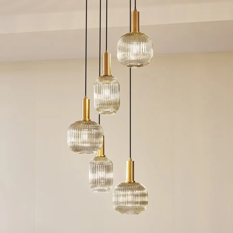 Lindby Doroteo hanglamp, 5-lamps, grijs, glas