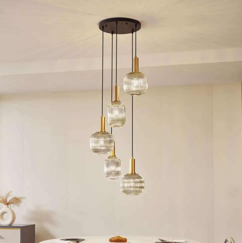 Lindby Doroteo hanglamp, 5-lamps, grijs, glas