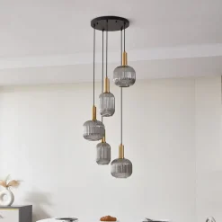 Lindby Doroteo hanglamp, 5-lamps, grijs, glas