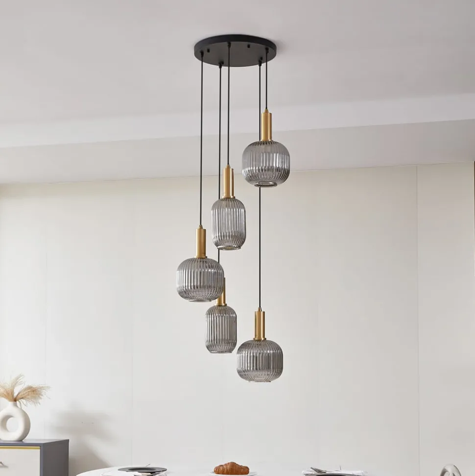 Lindby Doroteo hanglamp, 5-lamps, grijs, glas