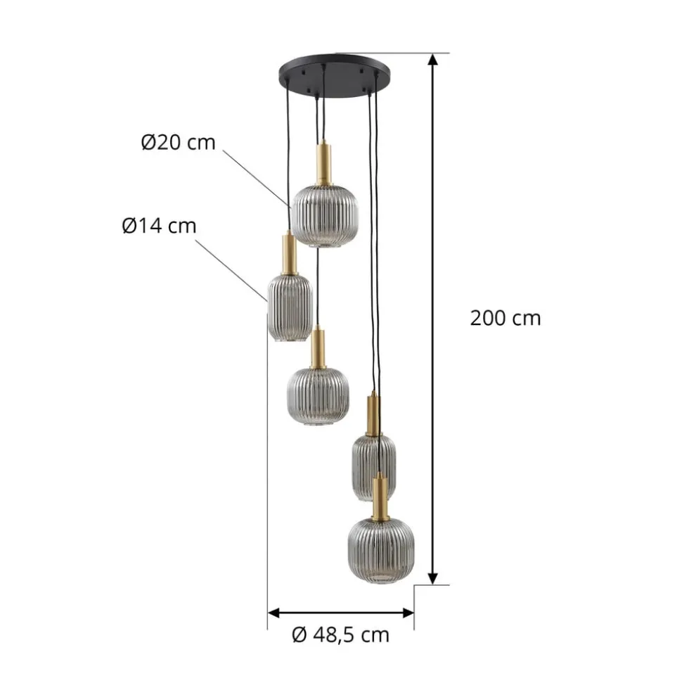 Lindby Doroteo hanglamp, 5-lamps, grijs, glas