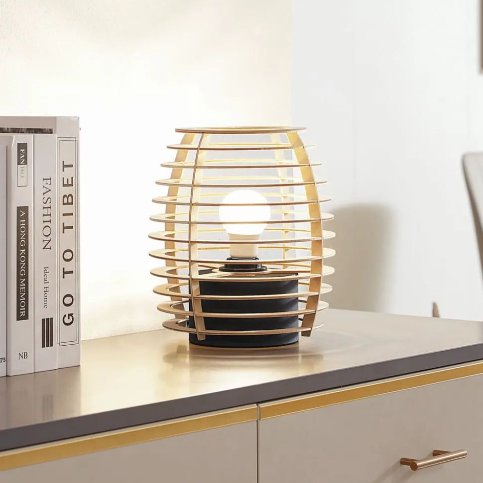 Lindby Ediz tafellamp, zwart, hout, 25 cm hoog, E27