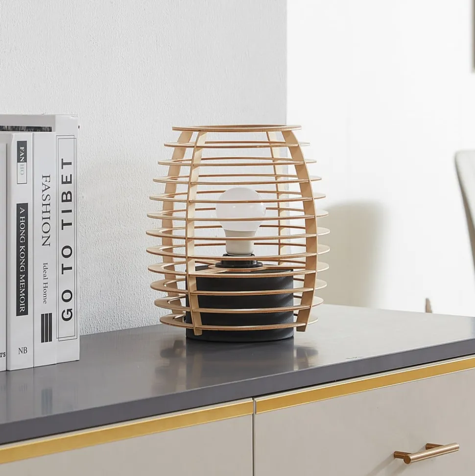 Lindby Ediz tafellamp, zwart, hout, 25 cm hoog, E27