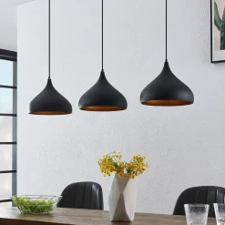 Lindby Elamira hanglamp, zwart, metaal, 133cm, 3-lamps.