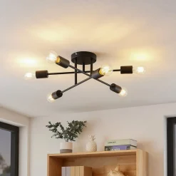 Lindby Estar plafondlamp, zwart, metaal, 6-lamps, Ø56cm