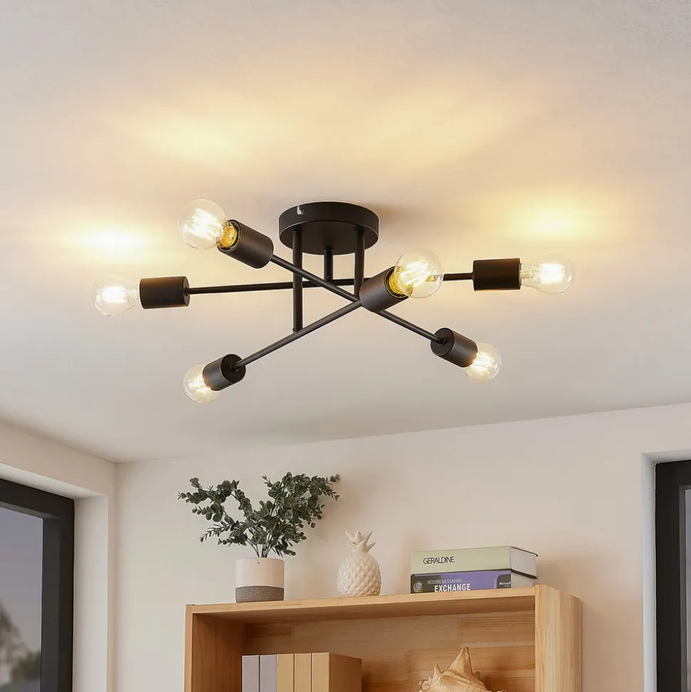 Lindby Estar plafondlamp, zwart, metaal, 6-lamps, Ø56cm