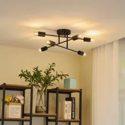 Lindby Estar plafondlamp, zwart, metaal, 6-lamps, Ø56cm