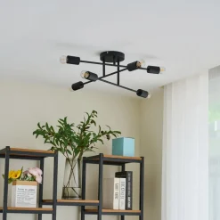 Lindby Estar plafondlamp, zwart, metaal, 6-lamps, Ø56cm