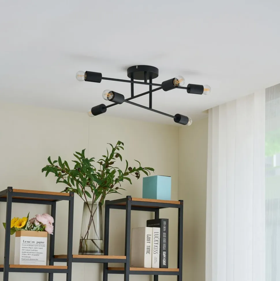 Lindby Estar plafondlamp, zwart, metaal, 6-lamps, Ø56cm