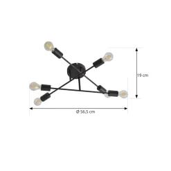 Lindby Estar plafondlamp, zwart, metaal, 6-lamps, Ø56cm