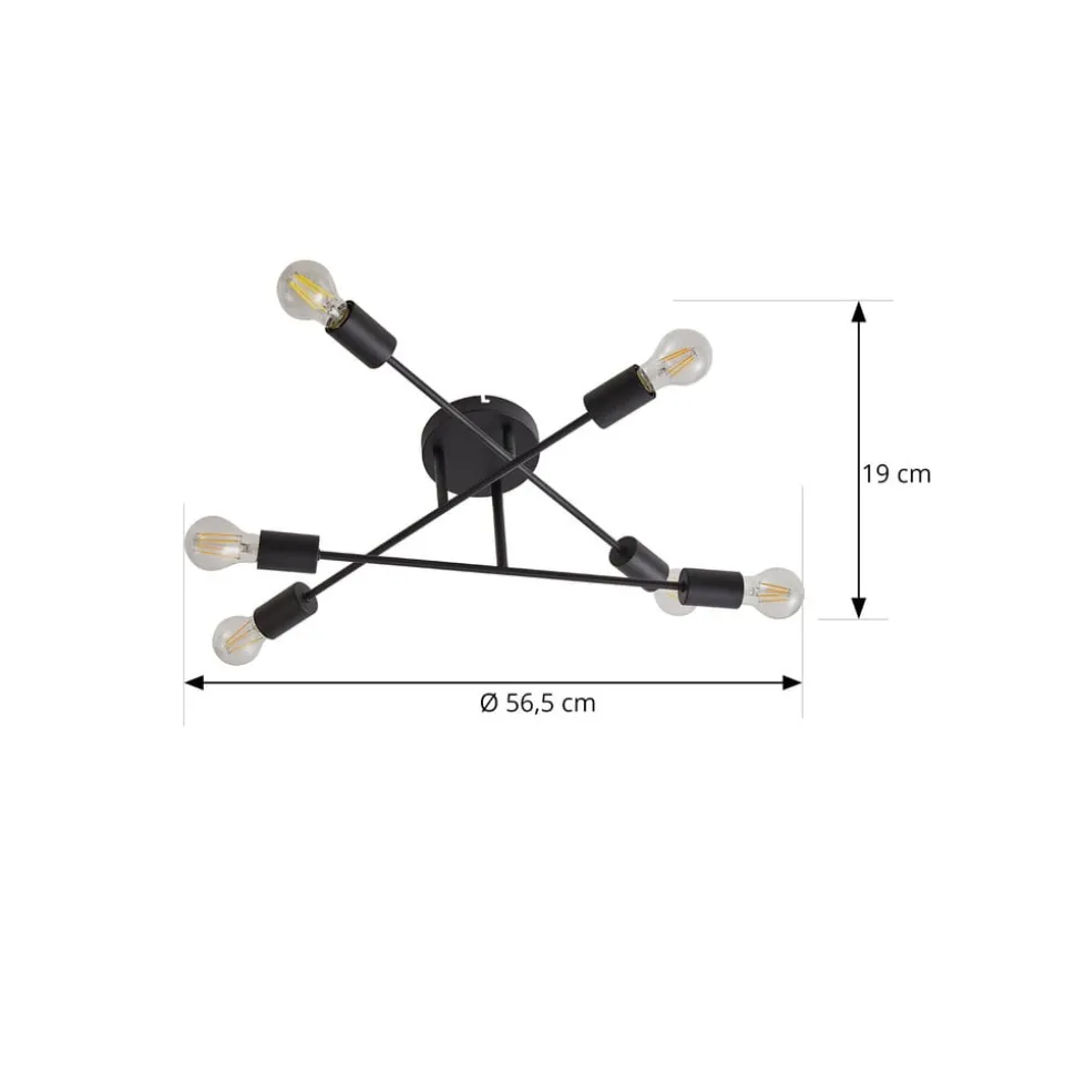 Lindby Estar plafondlamp, zwart, metaal, 6-lamps, Ø56cm