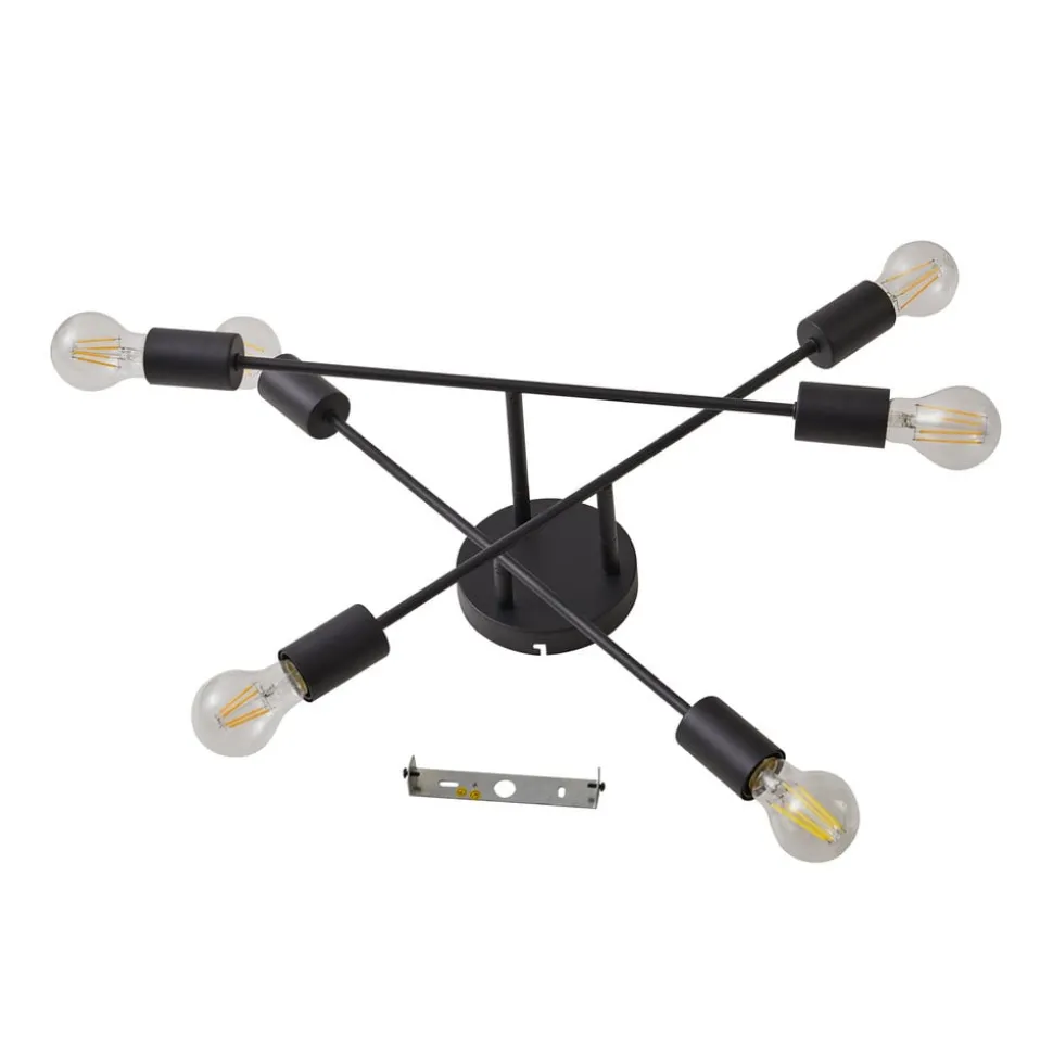 Lindby Estar plafondlamp, zwart, metaal, 6-lamps, Ø56cm
