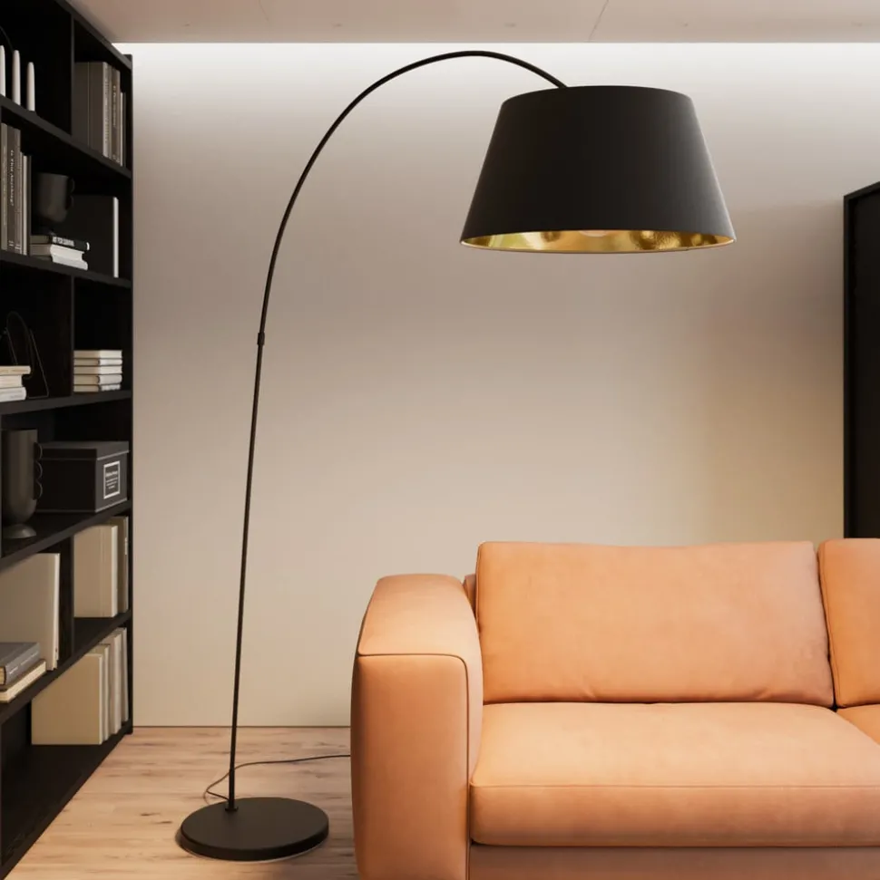 Lindby Esti vloerlamp, zwart/goud, stof, hoogte 192cm