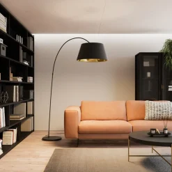 Lindby Esti vloerlamp, zwart/goud, stof, hoogte 192cm