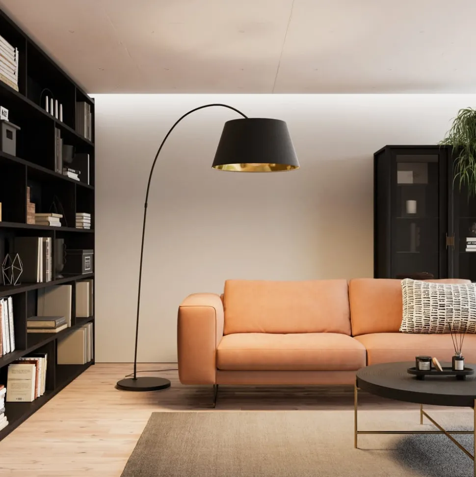 Lindby Esti vloerlamp, zwart/goud, stof, hoogte 192cm