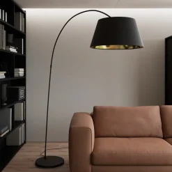 Lindby Esti vloerlamp, zwart/goud, stof, hoogte 192cm