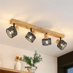 Lindby Evinora plafondspot, 77 cm, zwart, 4-lamps, hout