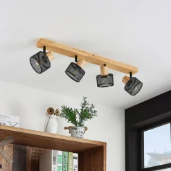 Lindby Evinora plafondspot, 77 cm, zwart, 4-lamps, hout