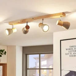 Lindby Filiz spot, 4-lamps, 77 cm, hout, beton, E14