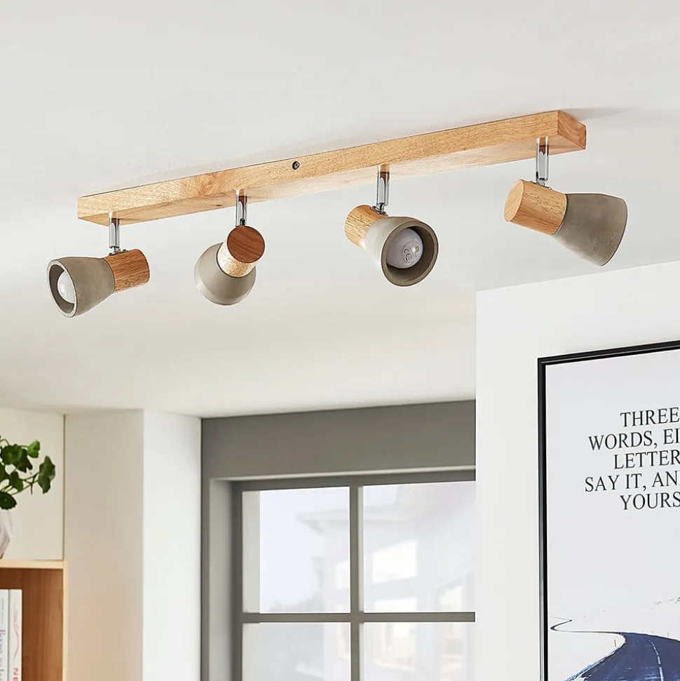 Lindby Filiz spot, 4-lamps, 77 cm, hout, beton, E14