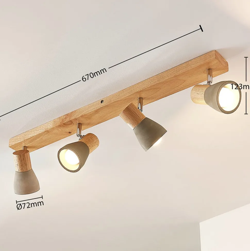 Lindby Filiz spot, 4-lamps, 77 cm, hout, beton, E14