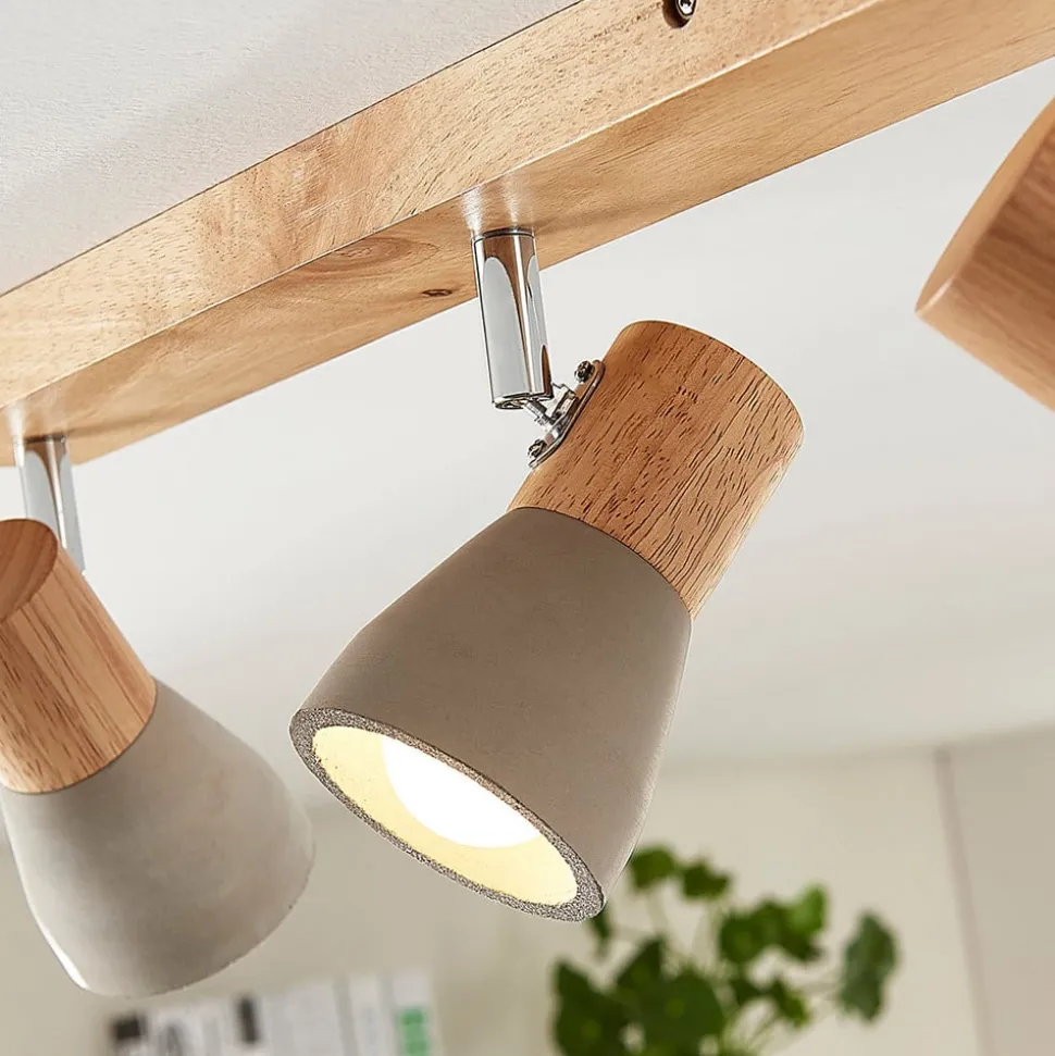 Lindby Filiz spot, 4-lamps, 77 cm, hout, beton, E14