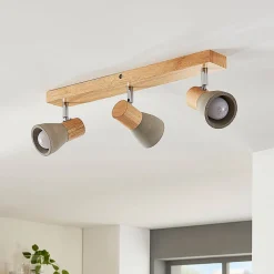 Lindby Filiz spot, 3-lamps, 47 cm lang, hout, beton, E14