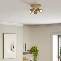 Lindby Filiz spot, 3-lamps, Ø 20 cm, hout, beton, E14