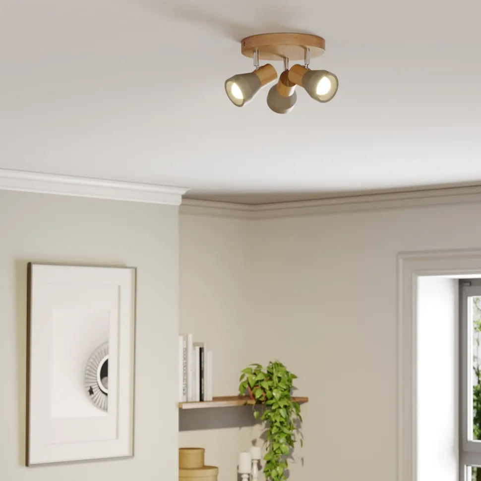 Lindby Filiz spot, 3-lamps, Ø 20 cm, hout, beton, E14