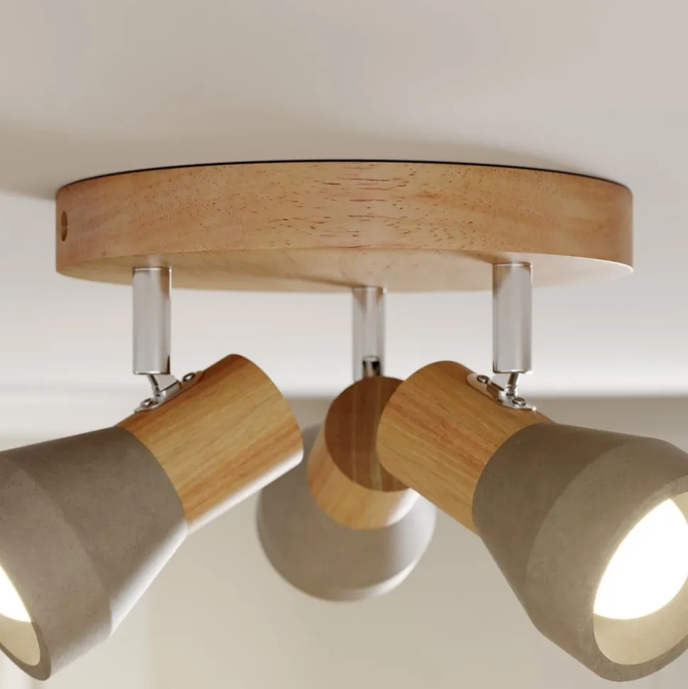 Lindby Filiz spot, 3-lamps, Ø 20 cm, hout, beton, E14