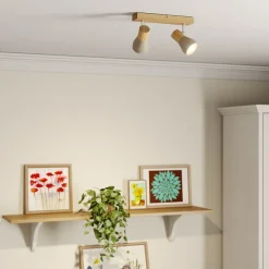 Lindby Filiz spot, 2-lamps, 27 cm, hout, beton, E14