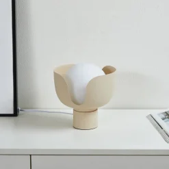 Lindby Fiora tafellamp, beige, glas, metaal, Ø 20 cm