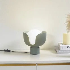 Lindby Fiora tafellamp, groen, glas, metaal, Ø 20 cm