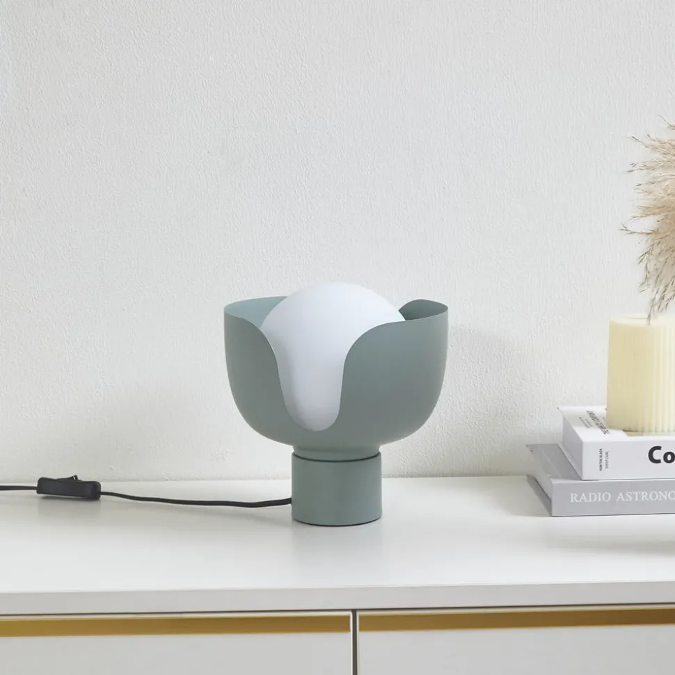 Lindby Fiora tafellamp, groen, glas, metaal, Ø 20 cm