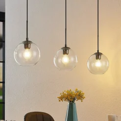 Lindby Firano hanglamp, 110 cm, 3-lamps, antraciet, glas