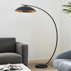 Lindby gebogen vloerlamp Emilienne, zwart, goudkleurig, 180 cm