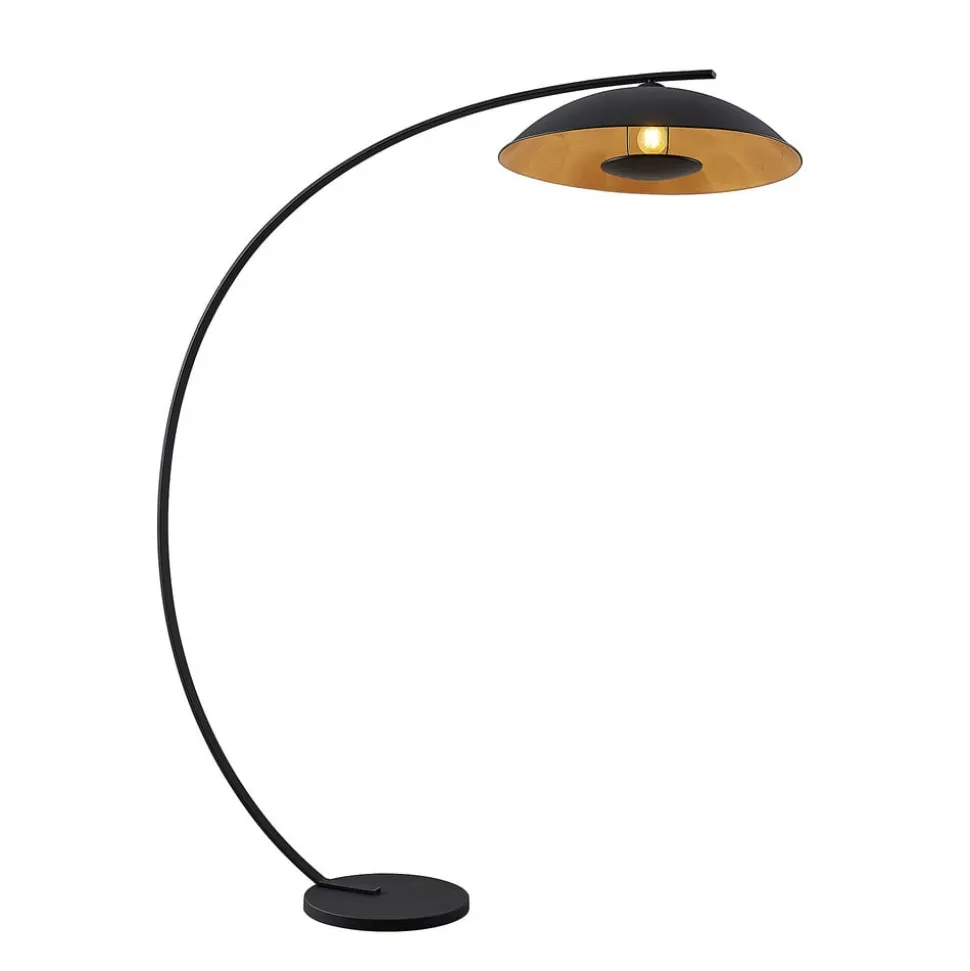 Lindby gebogen vloerlamp Emilienne, zwart, goudkleurig, 180 cm