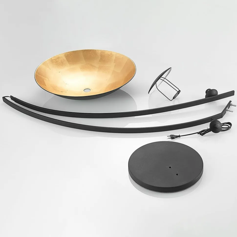 Lindby gebogen vloerlamp Emilienne, zwart, goudkleurig, 180 cm