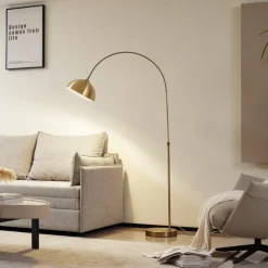 Lindby gebogen vloerlamp Lennar, antiek messing, metaal, 183cm