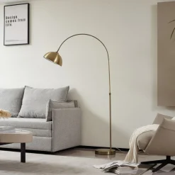 Lindby gebogen vloerlamp Lennar, antiek messing, metaal, 183cm